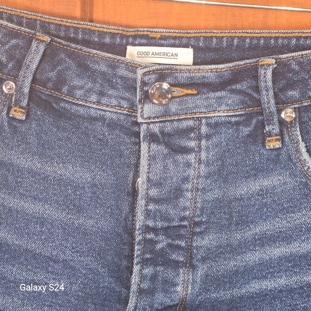 Good American Womens High Rise Raw Hem Denim‎ Shorts Blue Medium Wash Size 16